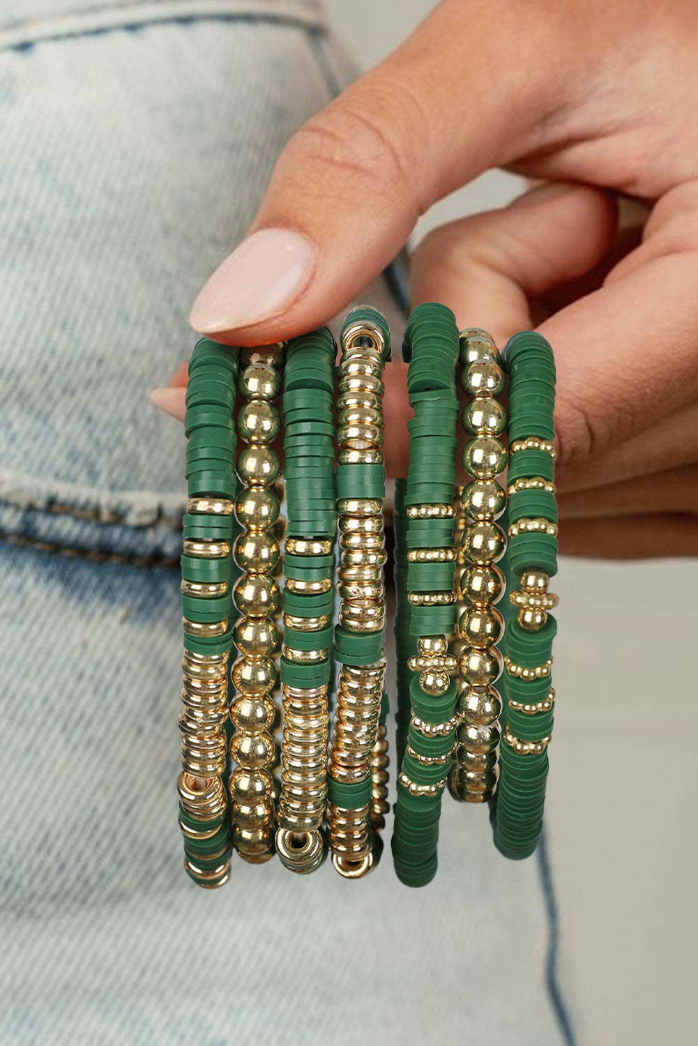 7 Piece Green and Gold Layering Stretch Bracelet Set