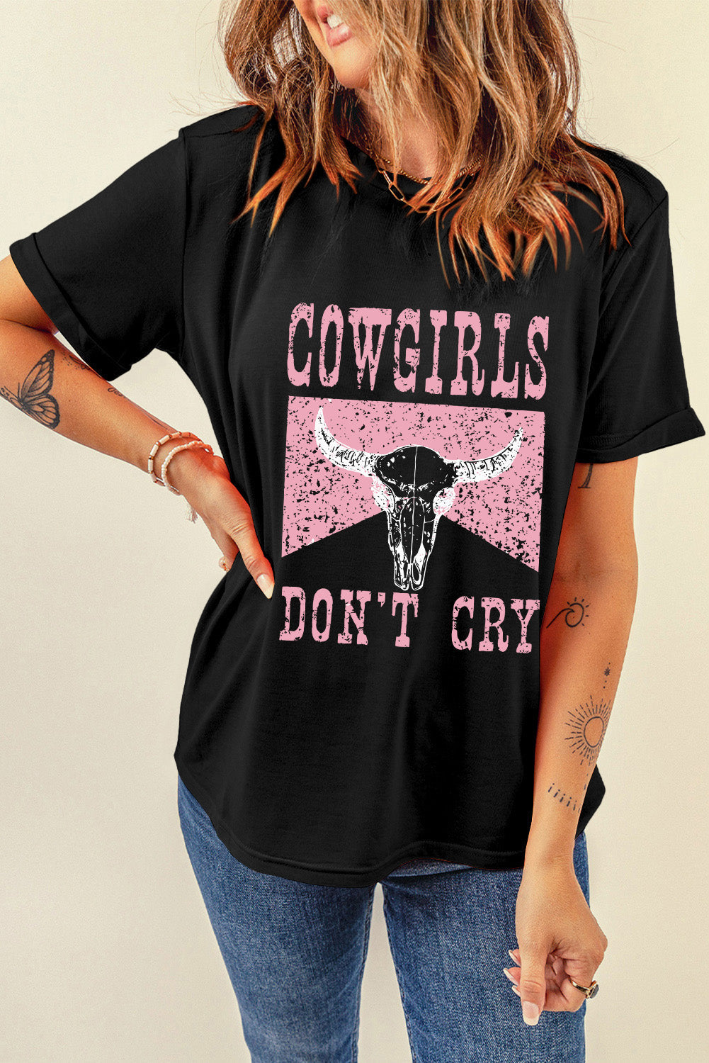 Cowgirls Don't Cry Cow Skull Graphic Tee in Graphite Black