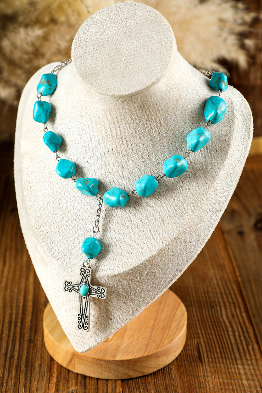Blue Faux Turquoise Cross Pendant Beaded Necklace
