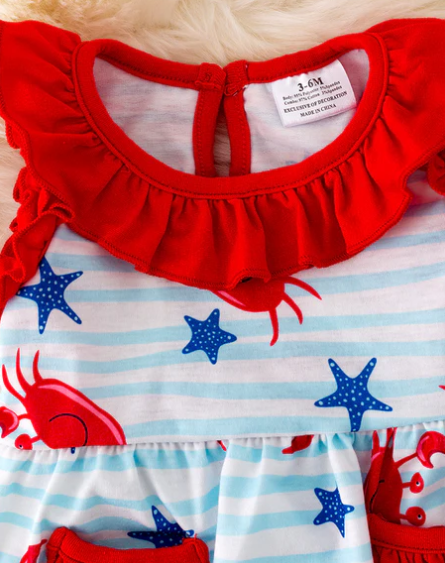 Blue Striped Red Ruffle Shoulder Infant Romper With Crabs and Starfish