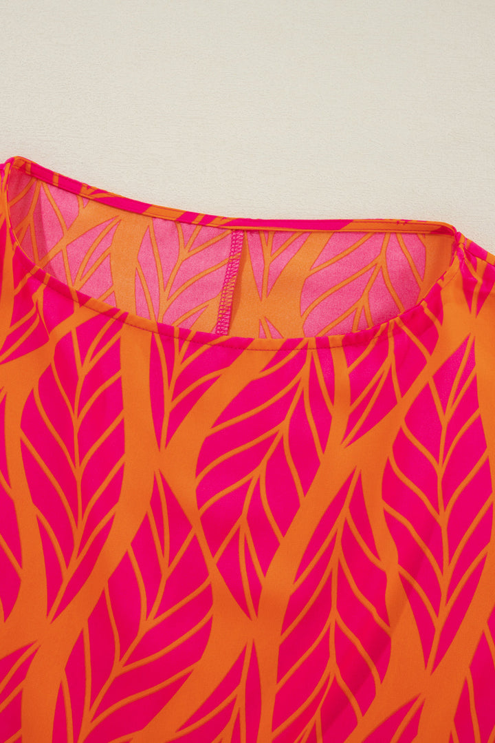 Neon Hot Pink & Orange Tropical Leaf Printed Smocked Lantern Sleeve Plus Size Blouse