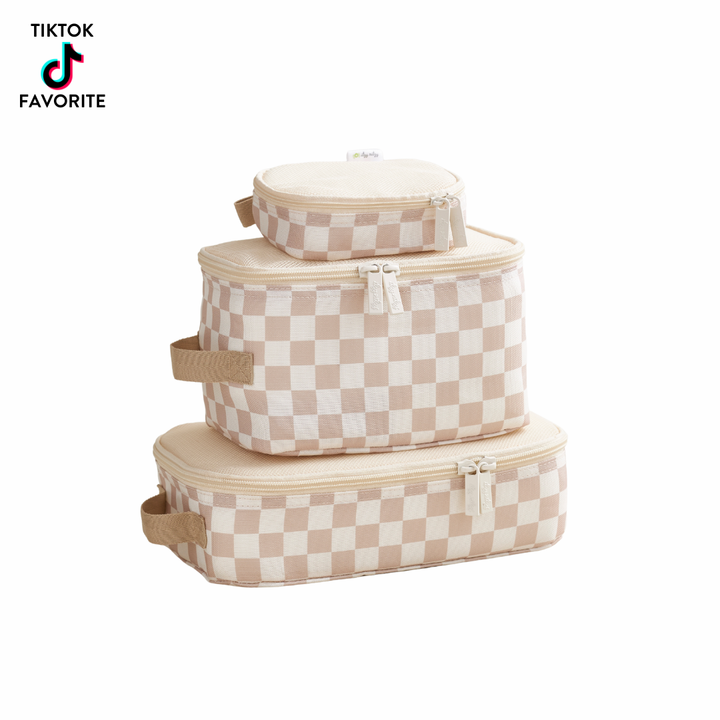 Itzy Ritzy - Taupe Checkerboard Pack Like a Boss™ Packing Cubes