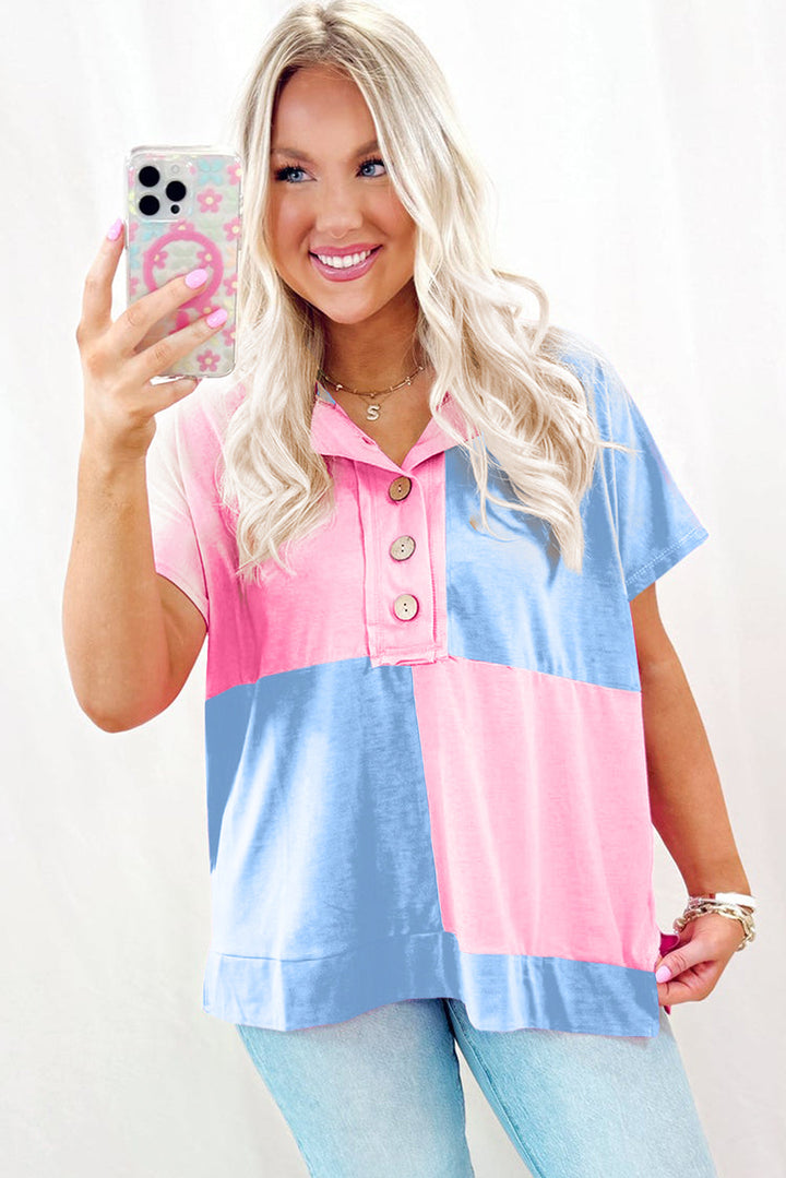 Pink and Blue Color Block 3/4 Button Short Sleeve Blouse