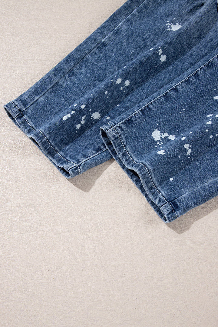 Blue Distressed Bleach Splatter Cropped Straight Leg Jeans with Orange Drawstring