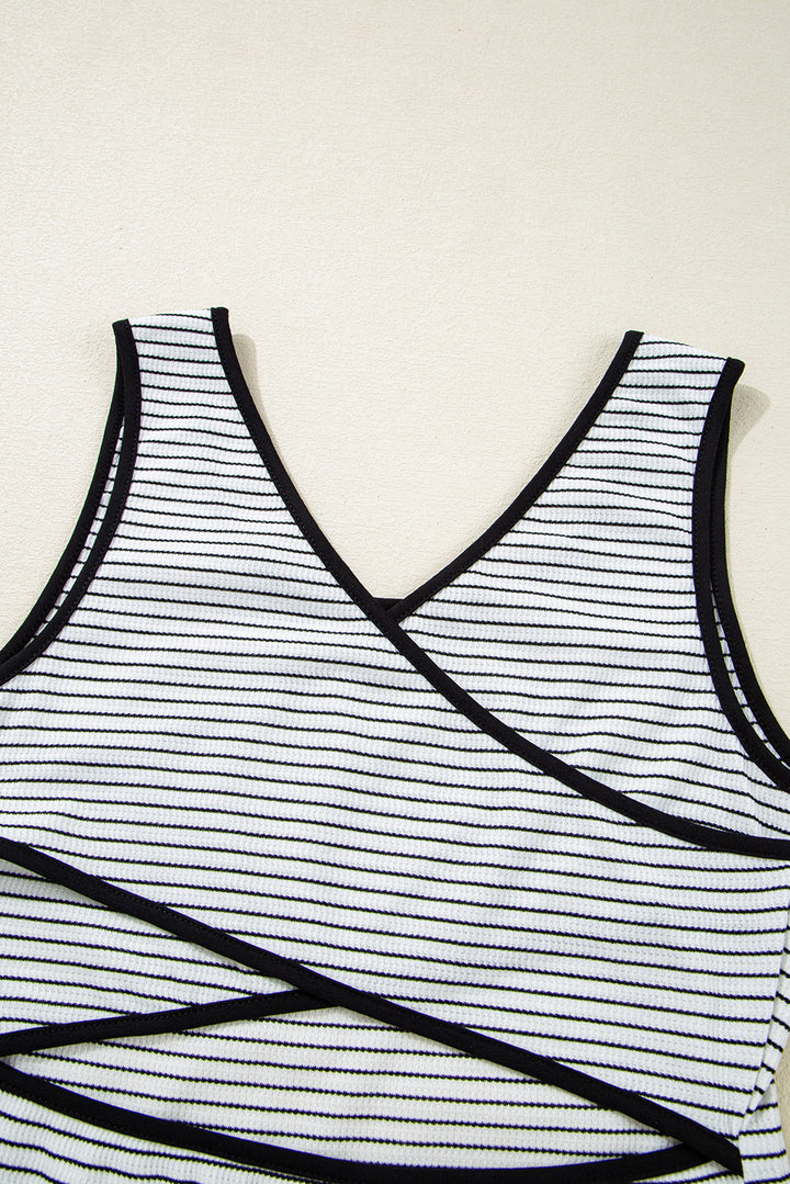 Black Stripe Sleeveless Criss Cross Peek A Boo Back Fitted Mid Length Dress
