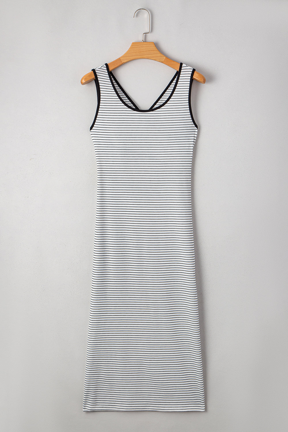 Black Stripe Sleeveless Criss Cross Peek A Boo Back Fitted Mid Length Dress