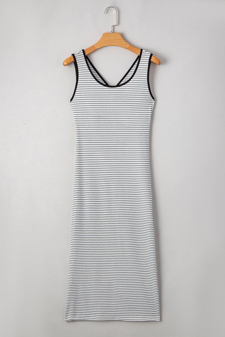 Black Stripe Sleeveless Criss Cross Peek A Boo Back Fitted Mid Length Dress