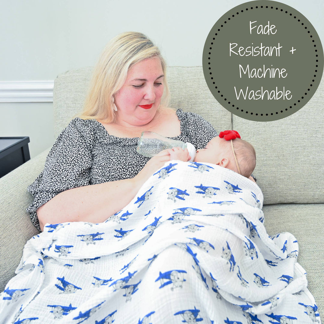 Up and Away Airplane Muslin Swaddle Baby Blanket
