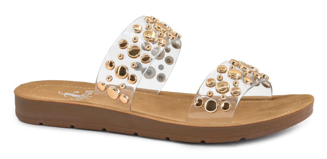 Corkys Double Take Sandal in Clear Gold Studded