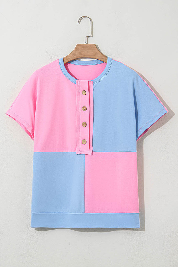 Pink and Blue Color Block 3/4 Button Short Sleeve Blouse