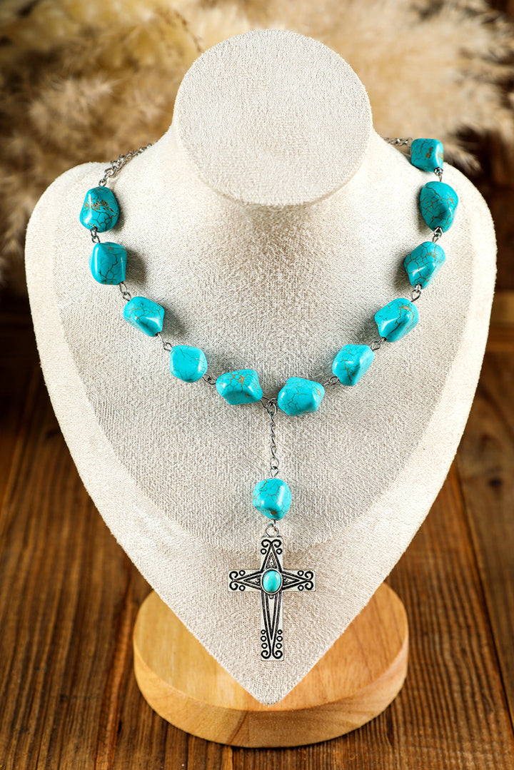 Blue Faux Turquoise Cross Pendant Beaded Necklace