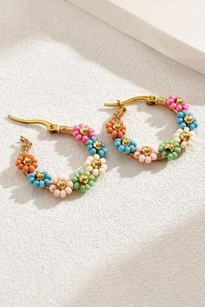 Beaded Pastel Floral Gold Tone Hoop Pierced Earrings