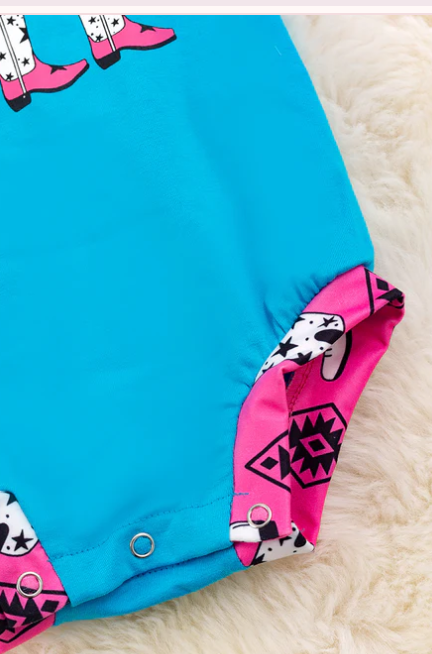 Turquoise Blue and Pink Ya'll One Shoulder Baby Romper