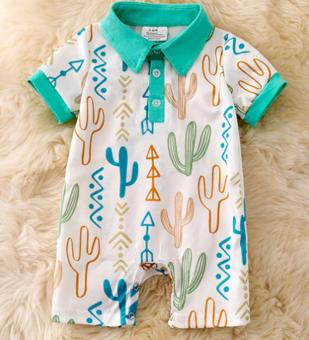 White Texutured Cactus Infant Boy's 1 Piece Short Romper