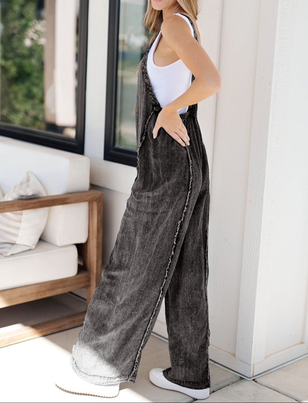 Easy Days Charcoal-Wash Wide-Leg Denim Overalls