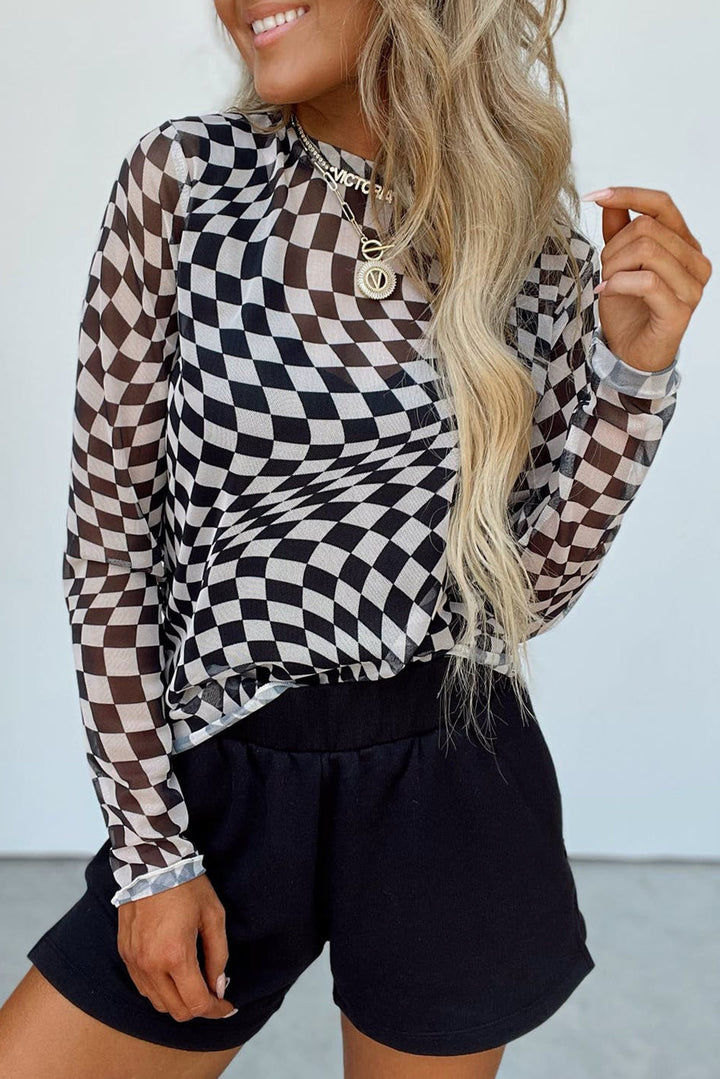 Black and White Checkered Pattern Mesh Neck Long Sleeve Stretch Top