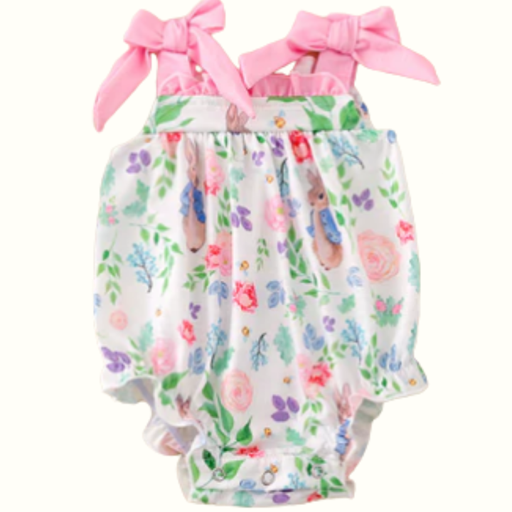 Easter Bunny Floral Infant Girls One Piece Tie Shoulder Romper
