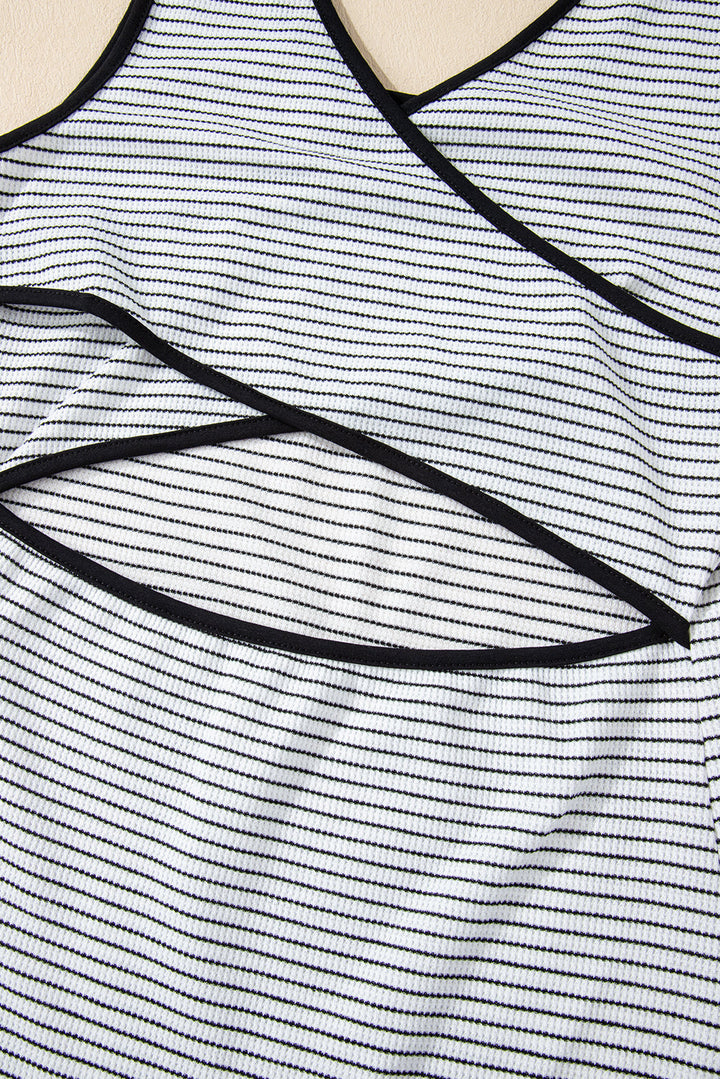 Black Stripe Sleeveless Criss Cross Peek A Boo Back Fitted Mid Length Dress