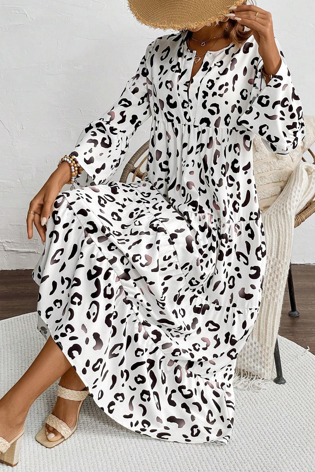 White Leopard Print V Neck Ruffle Sleeve Loose Fit Maxi Dress