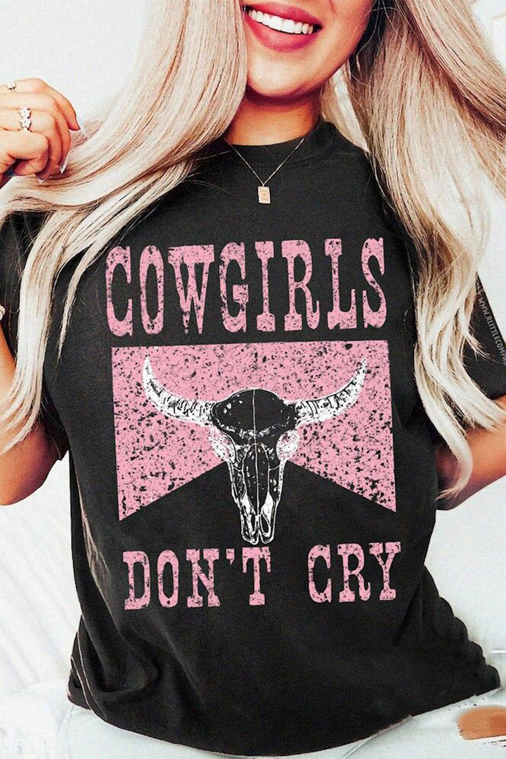 Cowgirls Don't Cry Cow Skull Graphic Tee in Graphite Black