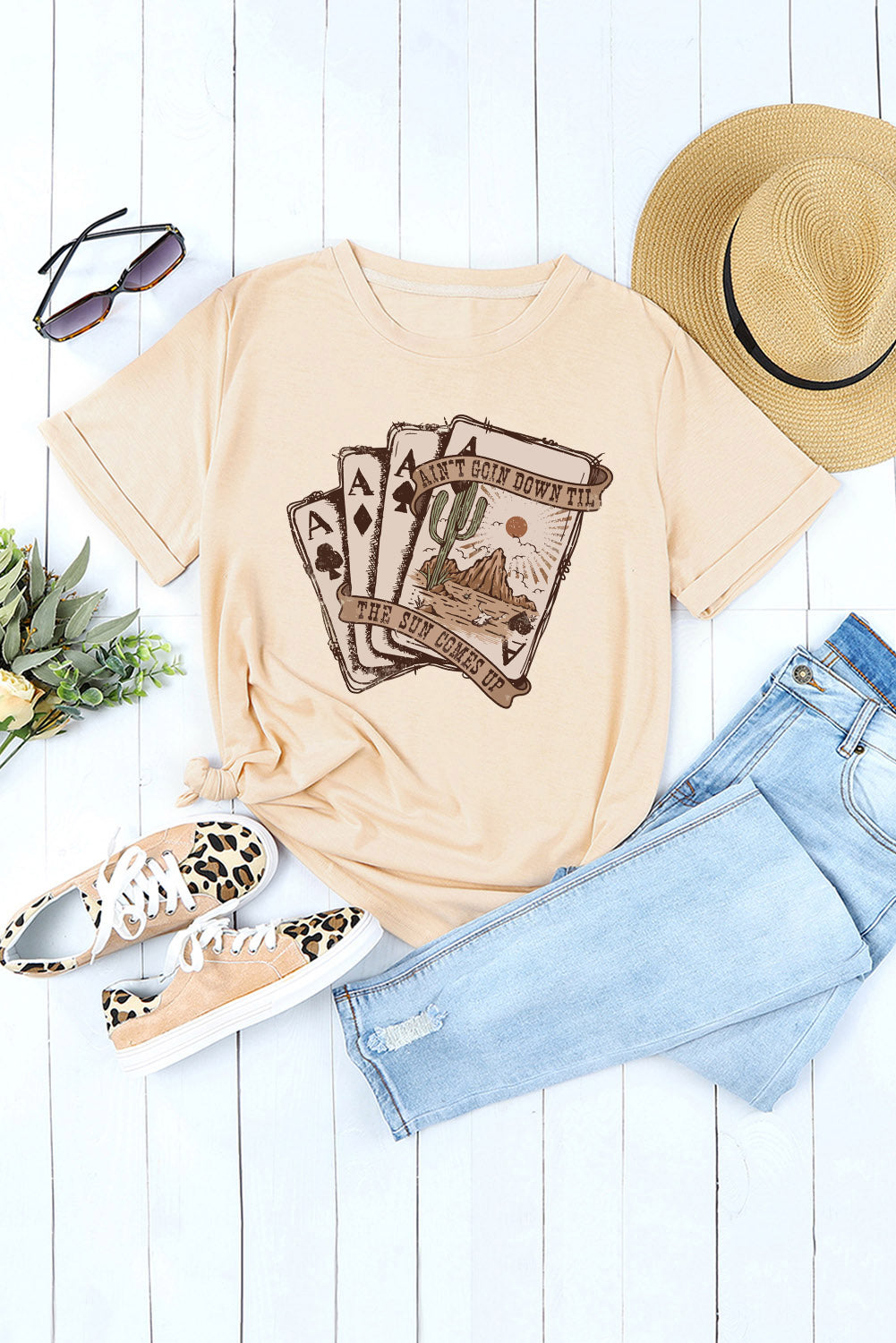 Creamy Beige 'Ain't Goin Down Til The Sun Comes Up' Aces Western Poker T-Shirt