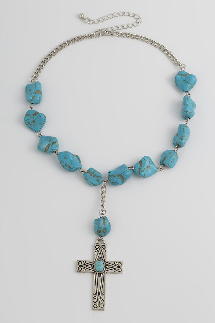 Blue Faux Turquoise Cross Pendant Beaded Necklace