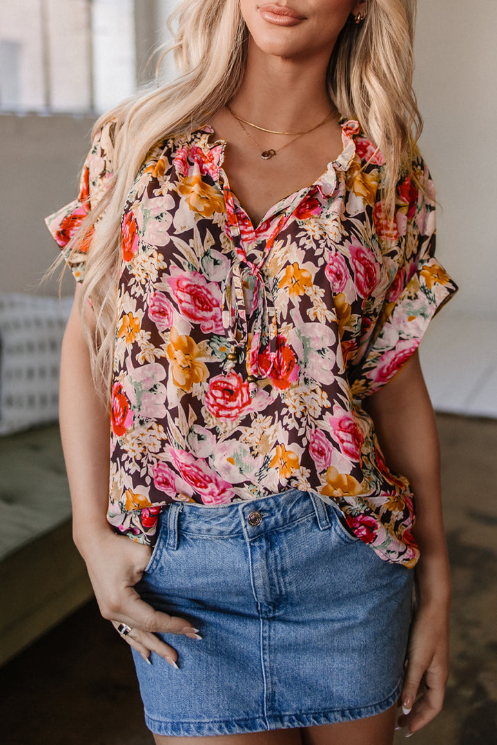 Floral Print Ruffle Collar Short Sleeve Blouse