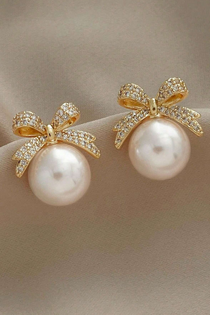 Dainty Bows Faux Pearl and Rhinestone Pierced Earrings