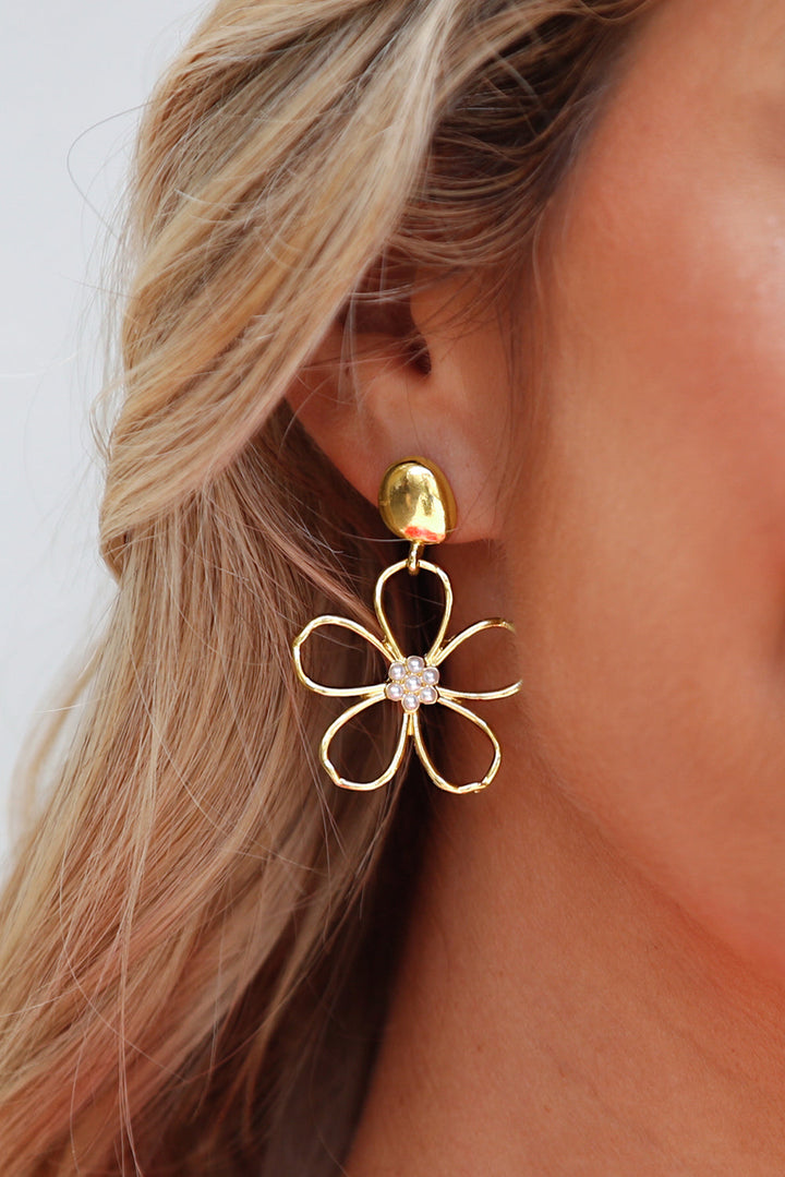 Gold Plated Dangle Flower Pierced Earrings with Faux Pearl Center