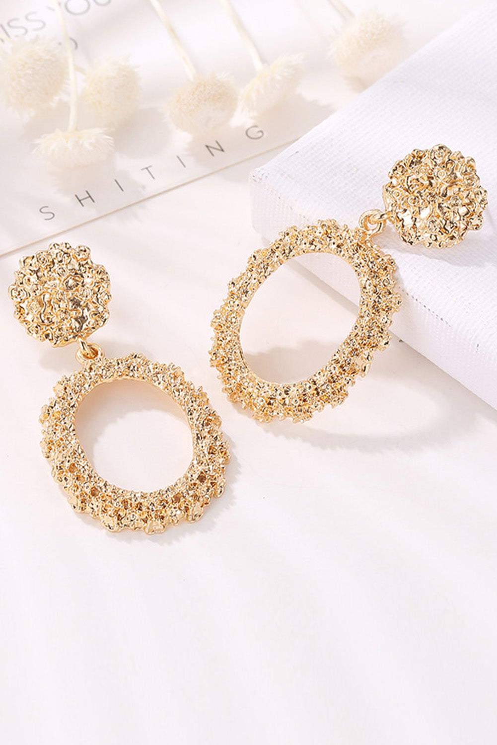 Gold Tone Glitter Circle Dangle Pierced Earrings