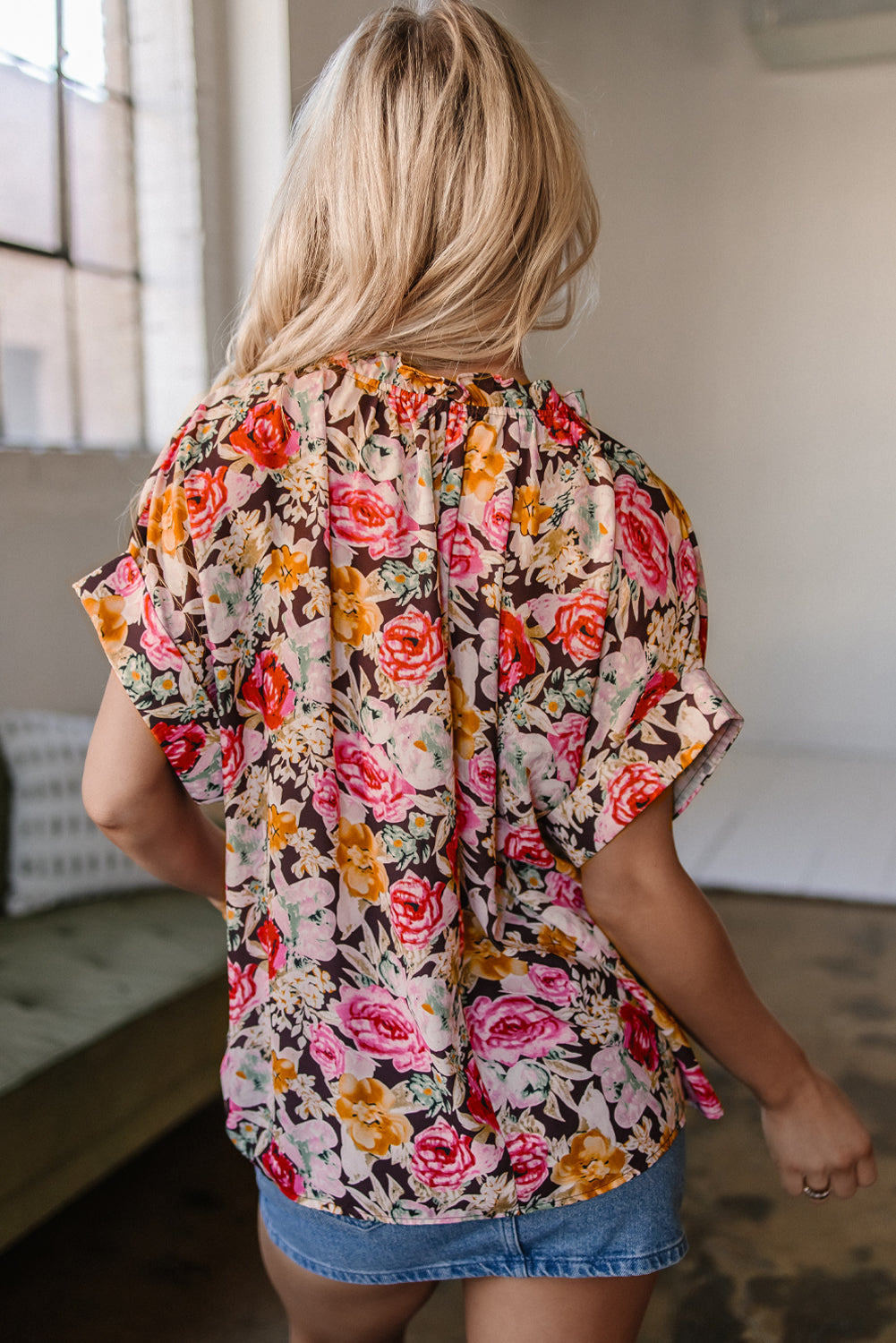 Floral Print Ruffle Collar Short Sleeve Blouse