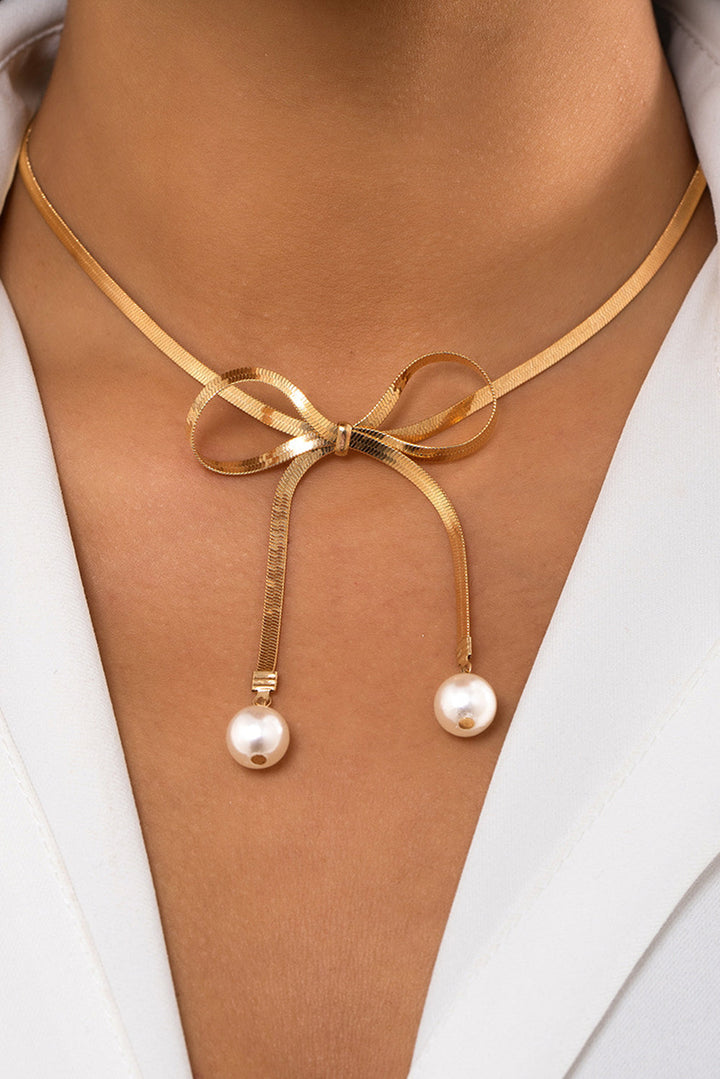 Gold Plated Herringbone Bow Collar Necklace With Faux Pearl Accents