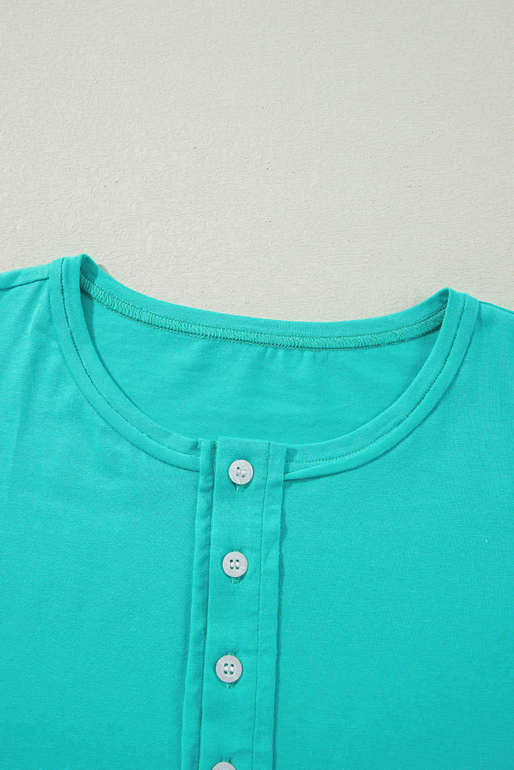 Island Aqua Solid Color Half Sleeve Buttons Henley Top