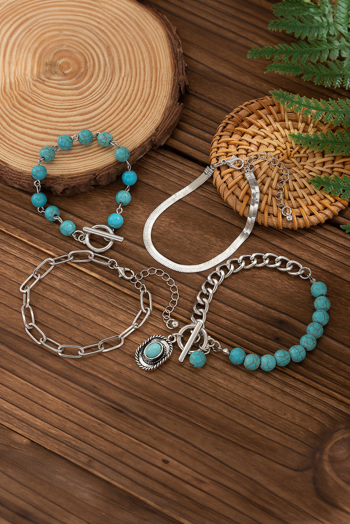 Silver Tone Turquoise Blue 4 Piece Layering Western Beaded Bracelet Set