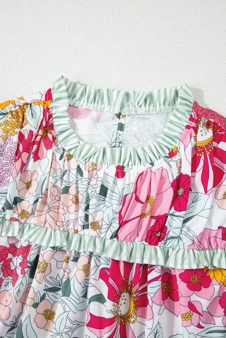 Floral Print Green Stripe Ruffles Contras Trim Cap Sleeve Blouse