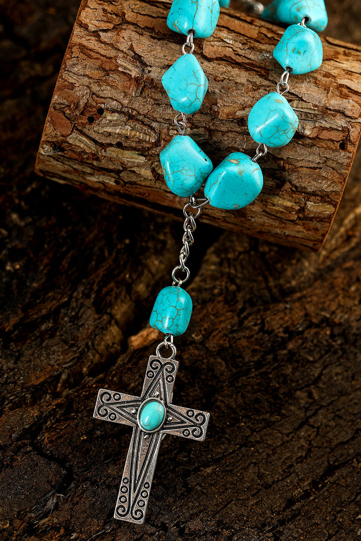 Blue Faux Turquoise Cross Pendant Beaded Necklace
