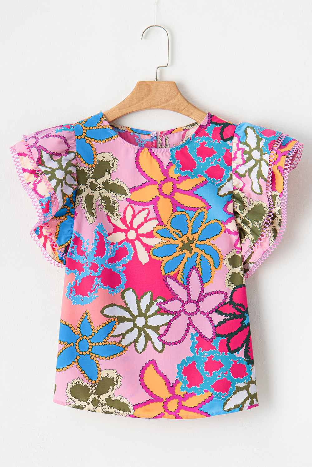 Brightly Colored Abstract Floral Print Lace Trimmed Ruffle Sleeve Blouse