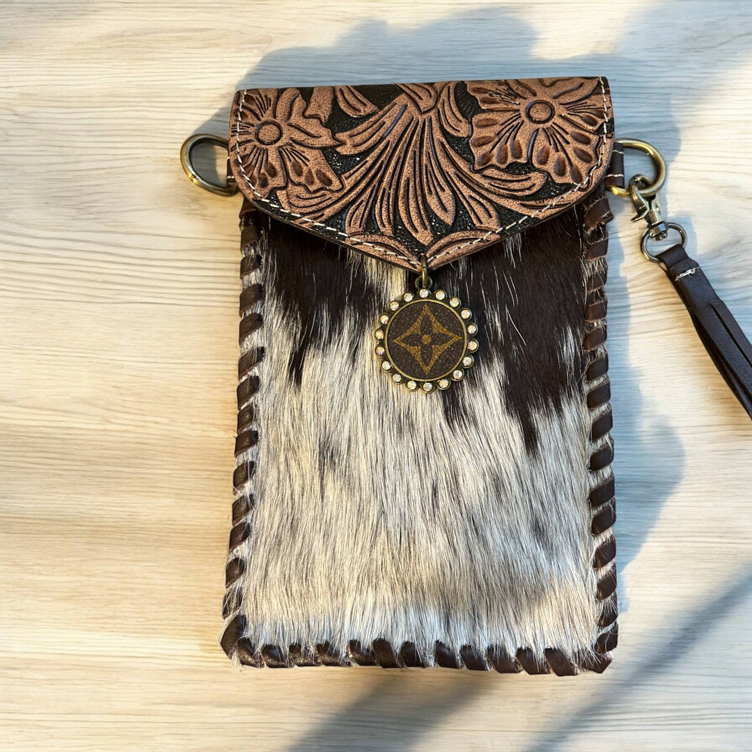 LV Logo Medallion brown Tooled Cowhide Phone Crossbody