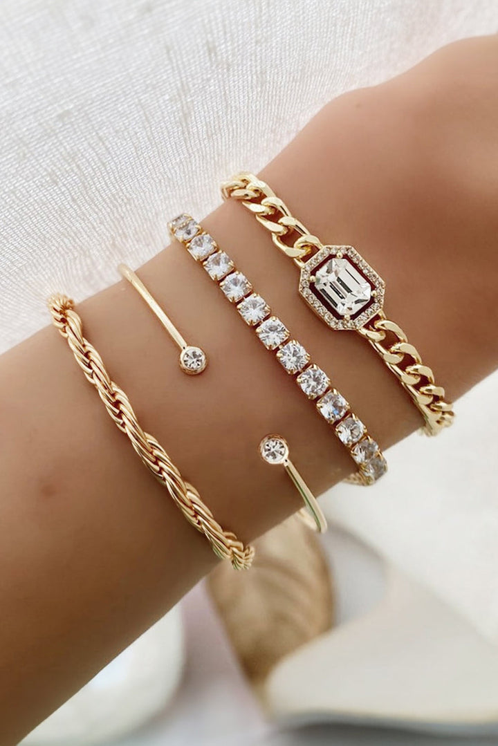Gold Plated Rhinestone Tennis Bracelet, Bangle and Chain Bracelet Set 4 Piece