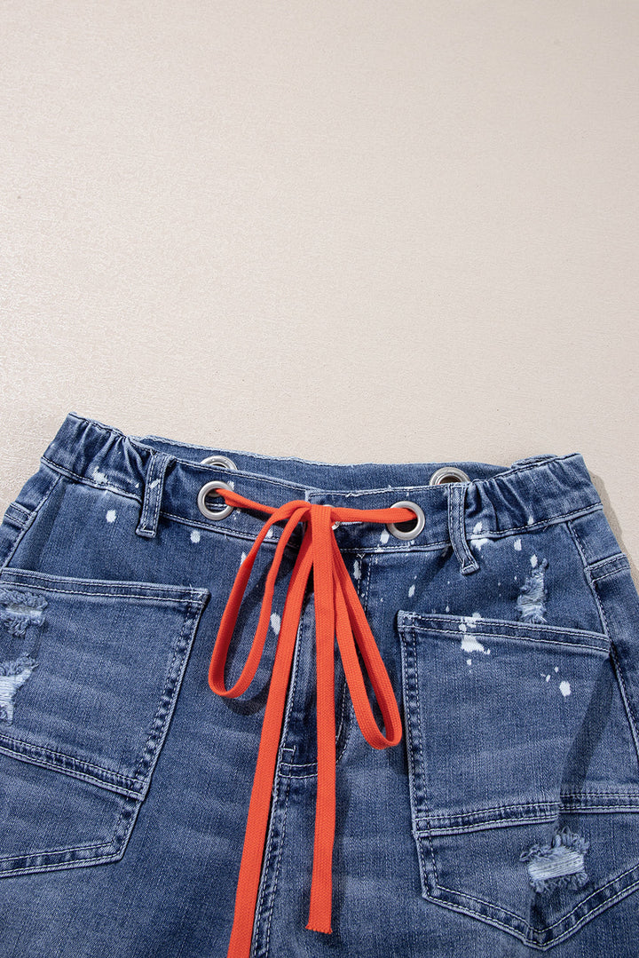 Blue Distressed Bleach Splatter Cropped Straight Leg Jeans with Orange Drawstring
