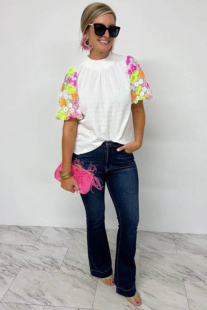 White High Collar Sequin Flower Puff Sleeve Textured Top