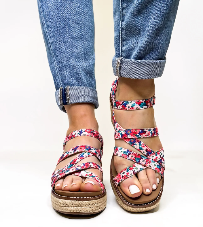 Corkys "All Nighter" Red Floral Wedge Strappy Sandal is