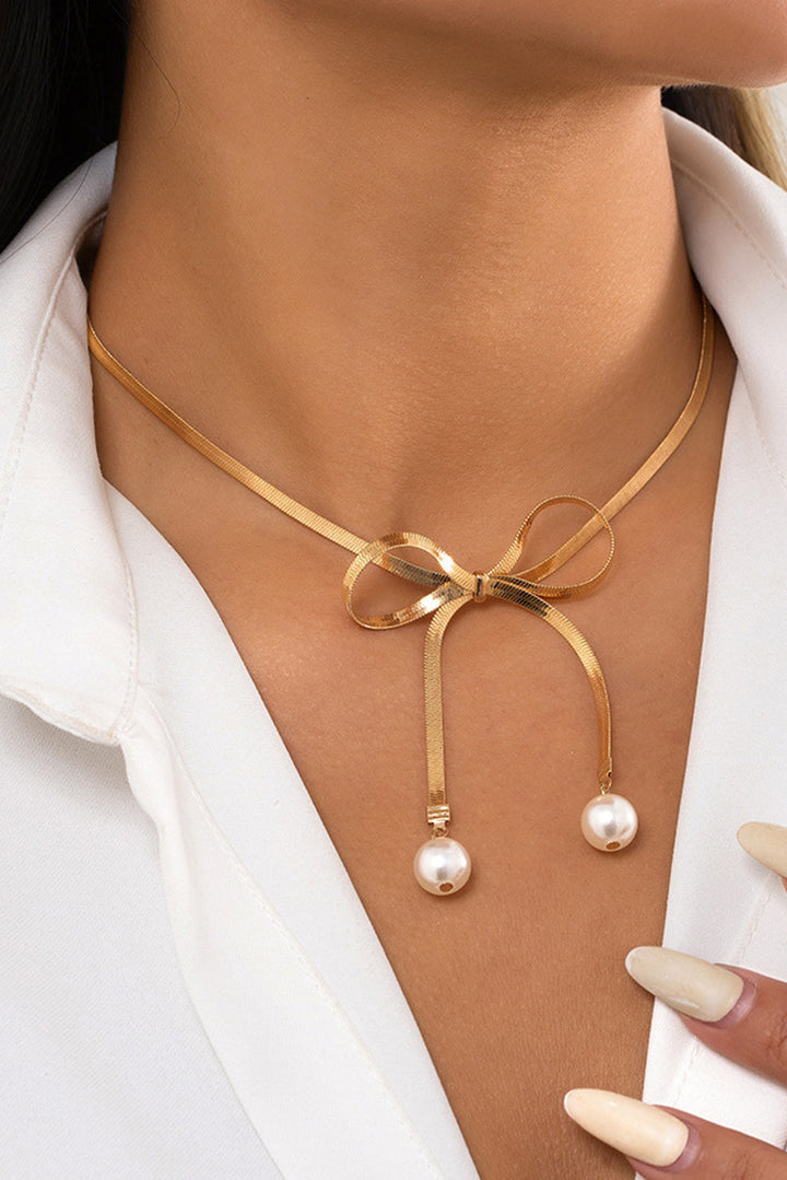 Gold Plated Herringbone Bow Collar Necklace With Faux Pearl Accents