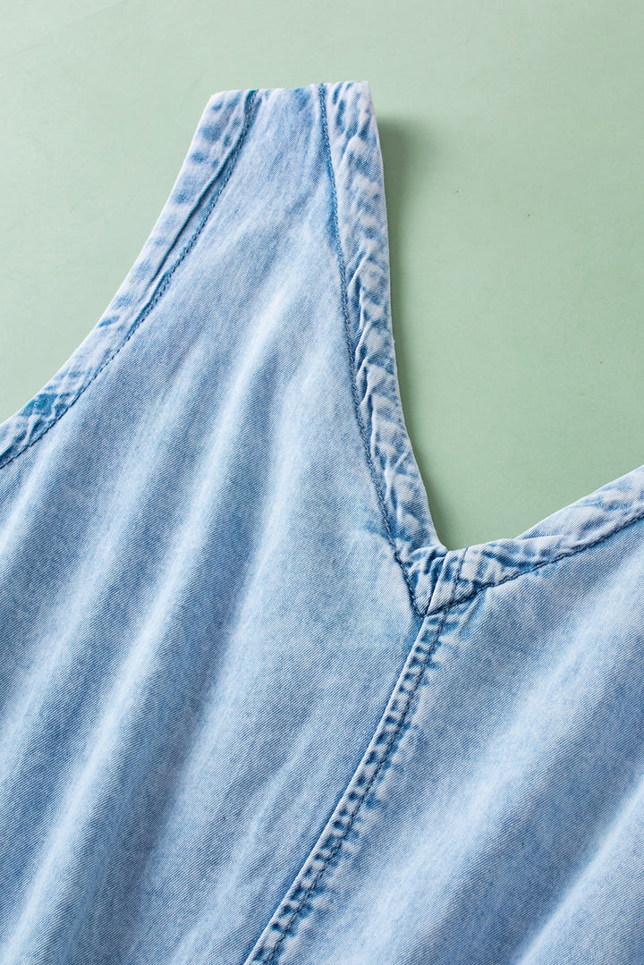 Studded V Neck Raw Hem Sleeveless Light Washed Blue Denim Romper