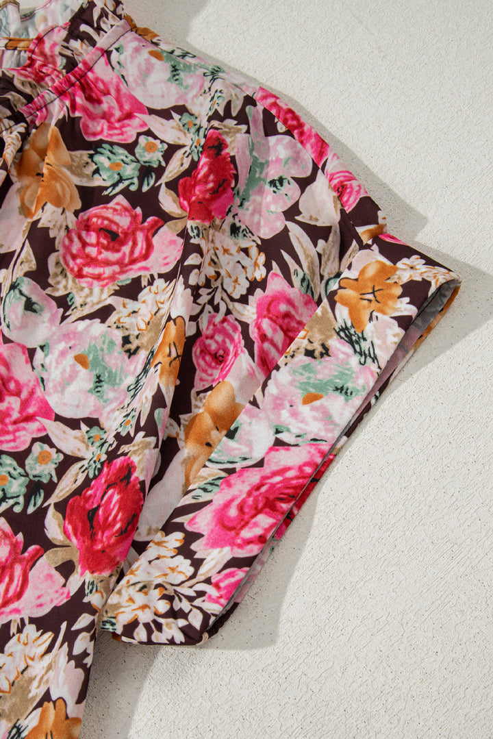 Floral Print Ruffle Collar Short Sleeve Blouse