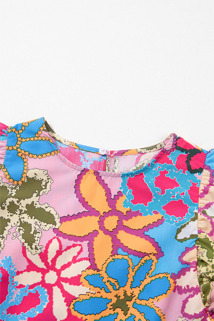 Brightly Colored Abstract Floral Print Lace Trimmed Ruffle Sleeve Blouse
