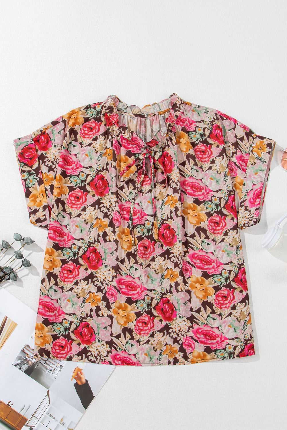 Floral Print Ruffle Collar Short Sleeve Blouse