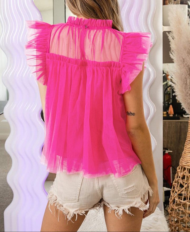 Hot Pink Tulle Ruffle Sleeve Flared Babydoll Top