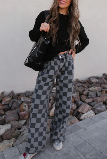 Dark Grey Checkered Denim Wide Leg Jeans