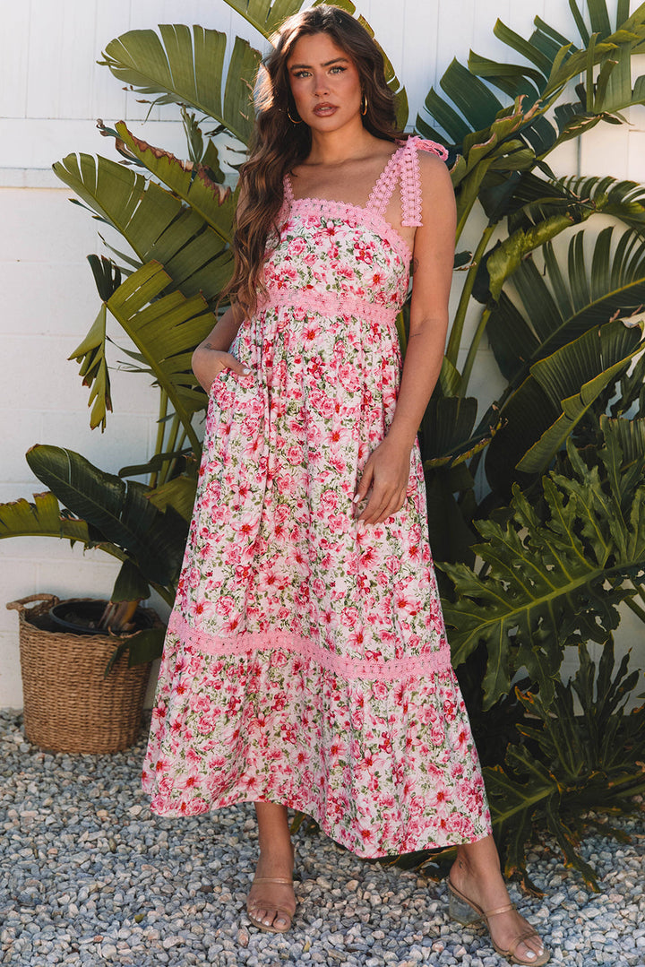 Pink Floral Lace Strap Empire Waist Maxi Dress with Pockets